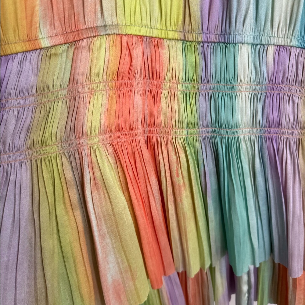 Current Air Los Angeles Cara Pleated Mini Dress Rainbow ๐ Tiered Drop Waist L - Picture 12 of 15